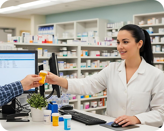 Pharmacist handing medicine